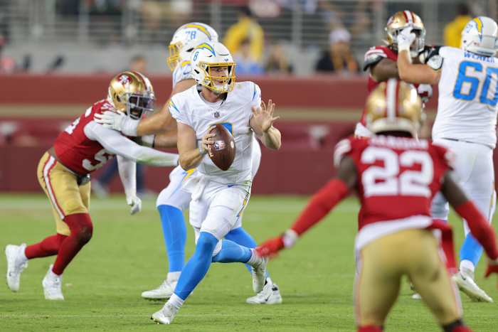 Aug 25, 2023; Santa Clara, California, USA; Los Angeles Chargers quarterback Max Duggan (8) during the game against the San Francisco 49ers at Levi's Stadium. Mandatory Credit: Sergio Estrada-USA TODAY Sports